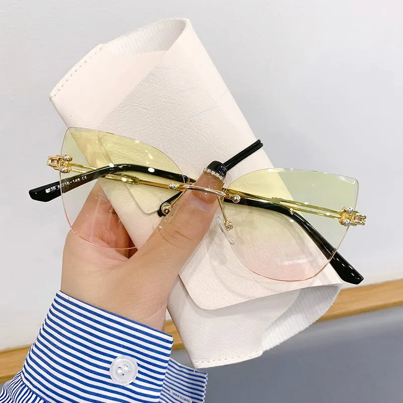 KLASSNUM Vintage solbriller uden stel til kvinder og mænd, Cat Eye-model med gradientglas, UV400-beskyttelse, solbriller til fest og jul