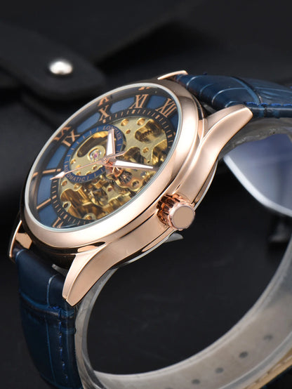 Relógio automático para homem, estilo de luxo, mostrador com algarismos romanos, mecanismo visível (esqueleto), resistente à água, ponteiros luminescentes, bracelete em pele – Uma escolha ideal para oferecer como presente.