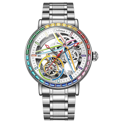 Montre squelette pour homme, style mode, ornée de pierres précieuses aux couleurs de l'arc-en-ciel, dotée d'un tourbillon; montre mécanique automatique de luxe, étanche jusqu'à 30 mètres.