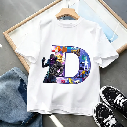 Μπλουζάκι Fortnite με στάμπα αλφαβήτου A-Z για παιδιά, καλοκαιρινό, λευκό, δημοφιλές cartoon game, casual κοντομάνικο τοπ μόδας, ιδανικό για δώρο