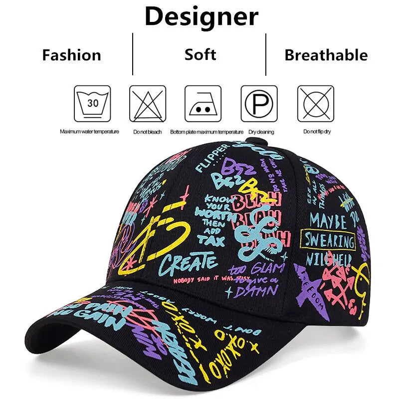 Baseballkasket med modegraffiti-print, udendørs bomuldskasket, hat til mænd og kvinder, sommer-solhatte, justerbare hiphop-kasketter