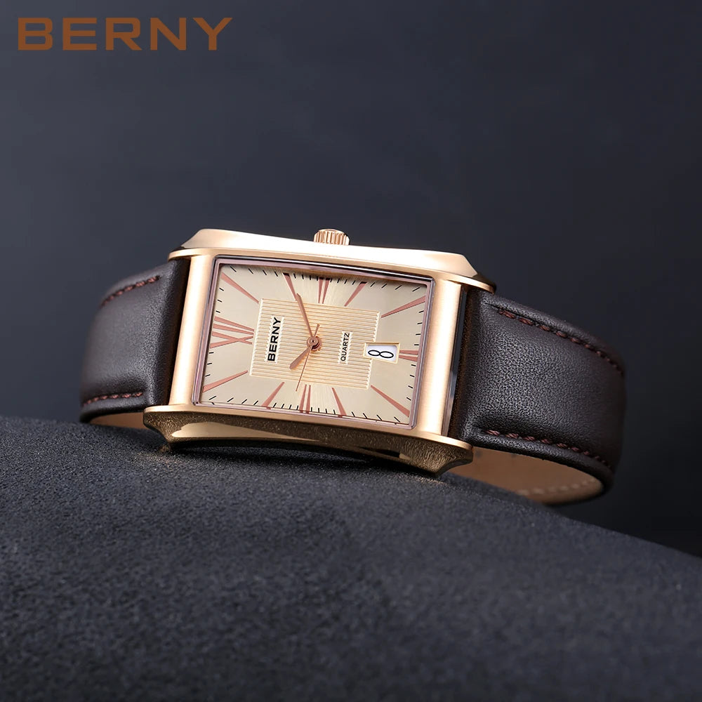 BERNY Watch for Men Rectangle Japan Quartz Wristwatch Waterproof Business Rectangular Dress Male Clock Top Genuine Leather Strap