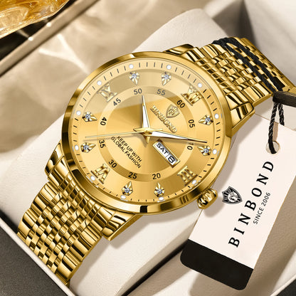 BINBOND luxury quartz wristwatch for men – Water-resistant, luminous, with day-of-the-week display – Business, sport, fashion and casual styles