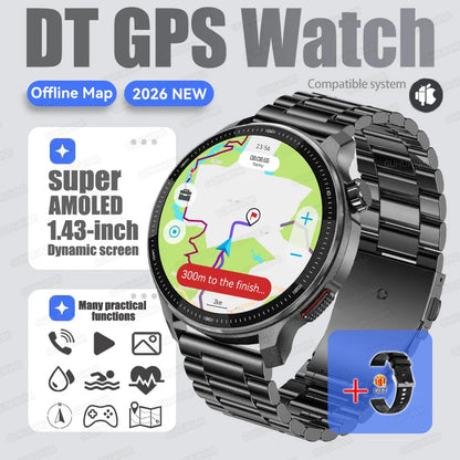 New GPS Offline Maps Smart Watch Men Memory 3D Menu Styles TWS MP3&MP4 Player 1.43"AMOLED Compass Sport Swim Waterproof Bracelet