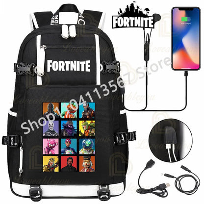 Red Jade F-Fortnited Battle Royale Backpack with USB Charging Anime Figures Study Stationery Compartment for Students Mochila