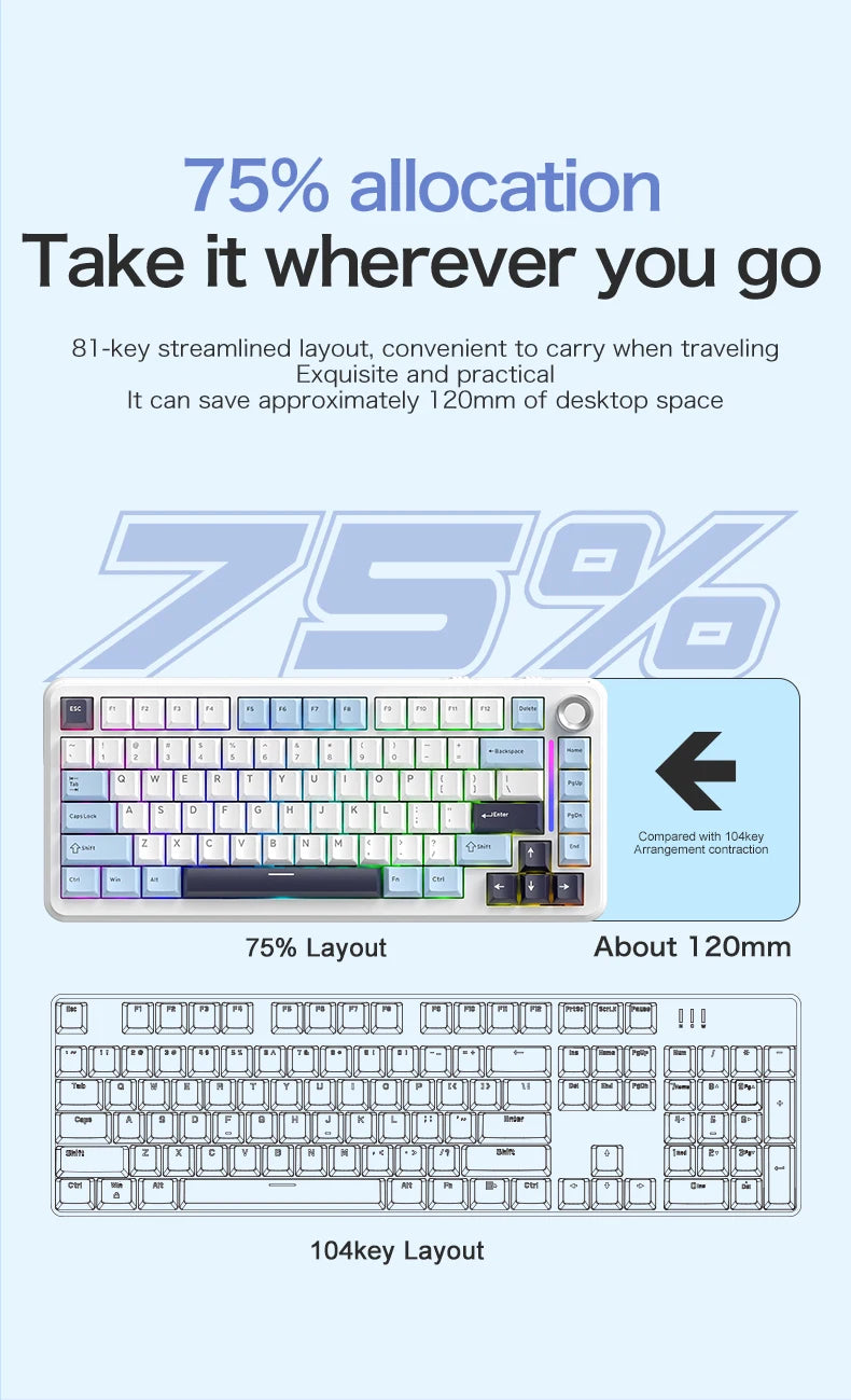 Teclado mecánico F75 FREEWOLF * AULA F75 Bluetooth trimodo, diseñado para gaming y uso de oficina