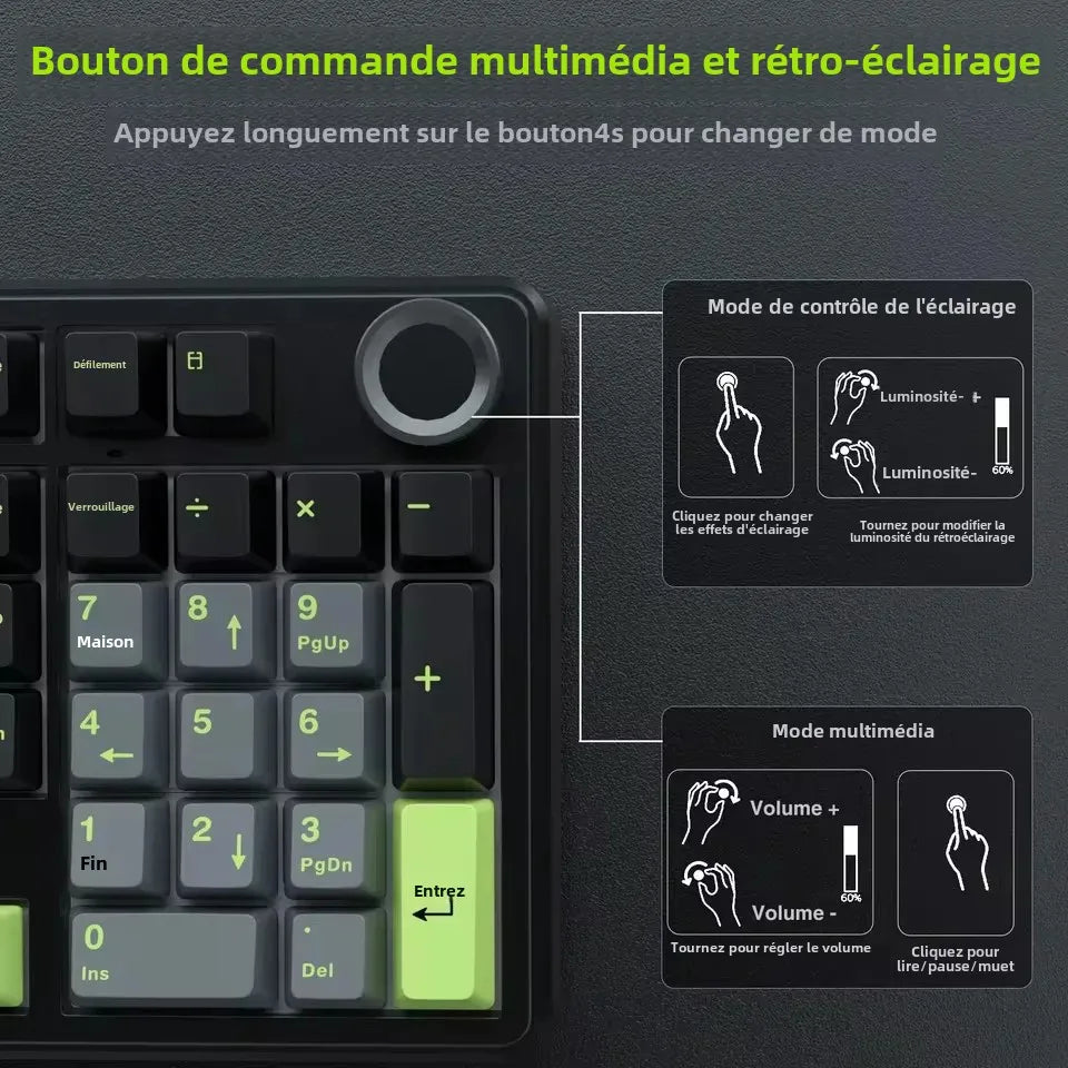 Tastiera meccanica gaming AULA F99PRO 99 tasti, tri-mode wireless, hot-swappable, struttura gasket, tastiera personalizzabile con manopola multimediale