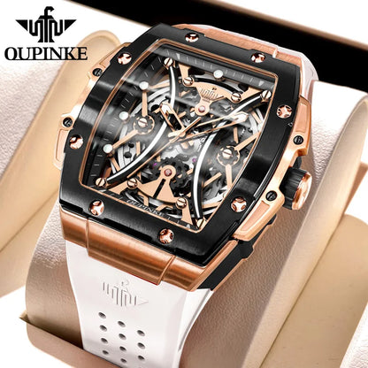 OUPINKE Herrenuhr – klassische Luxus-Armbanduhr mit Tonneau-Zifferblatt, Original-Topmarke, automatische mechanische Uhr, Silikonarmband, Saphirglas, neu
