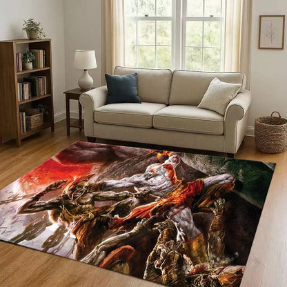 Game God of War Kratos Cartoon Gamer Living Room Non-Slip Area Rug Soft Carpet for Bedroom Playroom Sofa,Easy Clean Home Doormat
