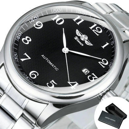 Montre classique pour homme – Style rétro avec calendrier et aiguilles bleues, mouvement mécanique automatique, marque de prestige, boîtier en acier et bracelet en cuir
