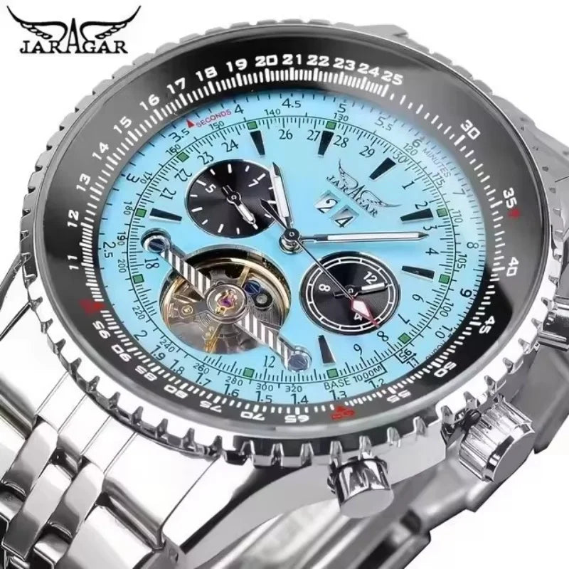 Luxusné retro automatické mechanické hodinky JARAGAR 034, tourbillon, vyprázdnená skeletová konštrukcia, nerezová oceľ, týždenný kalendár, pánske hodinky