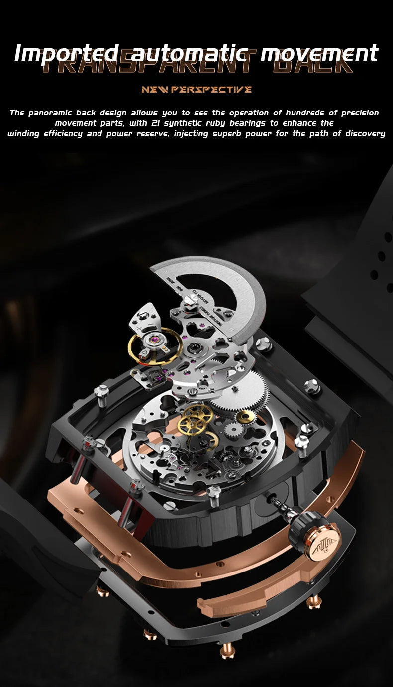 OUPINKE Herrenuhr – klassische Luxus-Armbanduhr mit Tonneau-Zifferblatt, Original-Topmarke, automatische mechanische Uhr, Silikonarmband, Saphirglas, neu