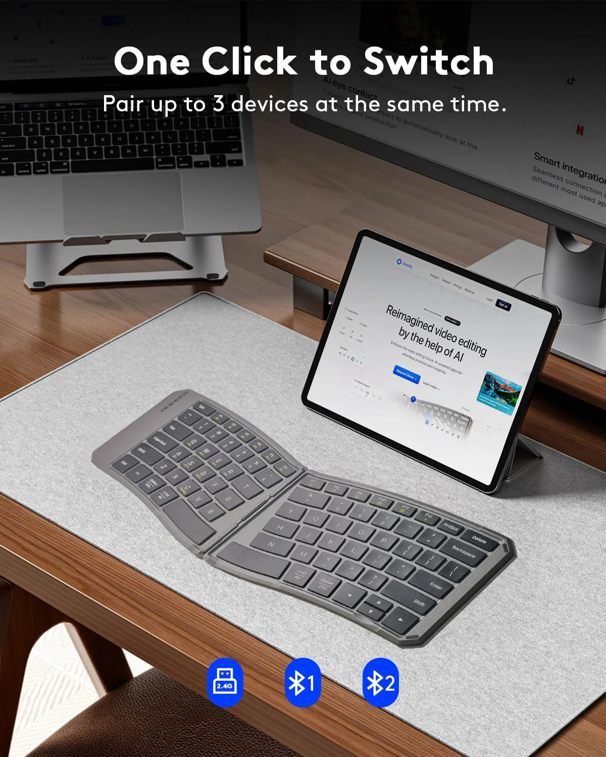 Tastiera Bluetooth ergonomica pieghevole, tastiera compatta divisa portatile per viaggi di lavoro, tastiera wireless pieghevole ricaricabile