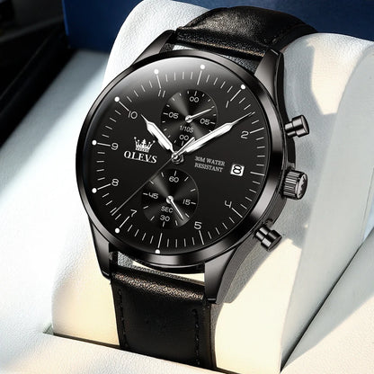 Pánske hodinky OLEVS 2880 – Elegantný a minimalistický chronograf, kožený remienok, automatické zobrazovanie dátumu, vodotesné, luminiscenčné ručičky, quartzový strojček.
