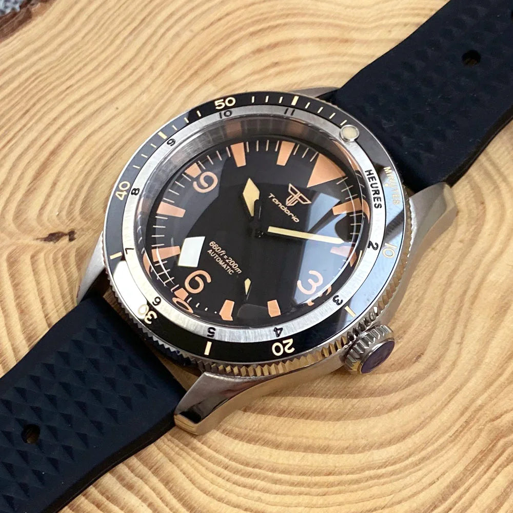 Tandorio NH35A PT5000 Mechanical Men's Watch 20BAR Waterproof Sapphire Luminous Red Black Dial Stainless Steel Bracelet New Clock