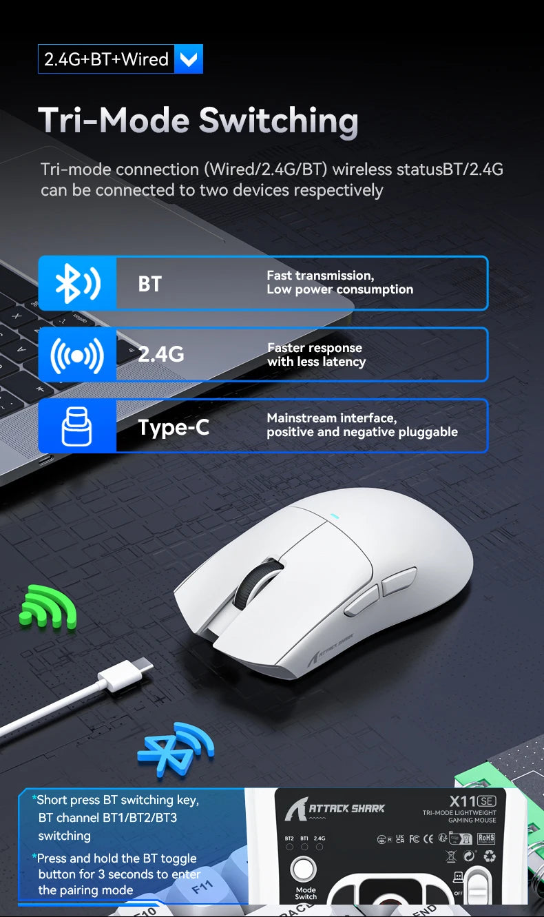 Ratón gaming inalámbrico ATTACK SHARK X11SE, trimodo, superligero de 63g con sensor PAW3311, 22000 DPI, batería de 300mAh, controlador dual