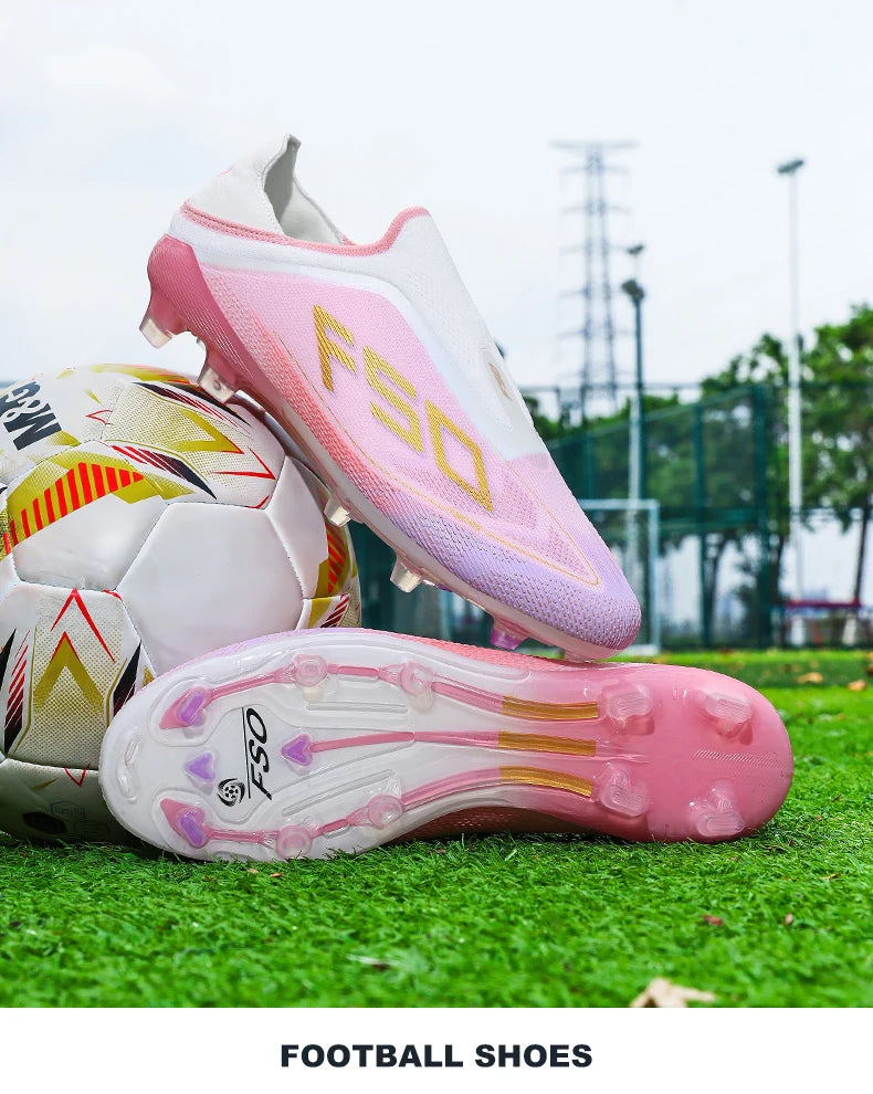 Novas chuteiras de futebol para homem, sapatilhas de futsal para exterior, jogo em relva, antiderrapantes, calçado de futebol de alta qualidade com pitões, best-seller, cano alto, leve