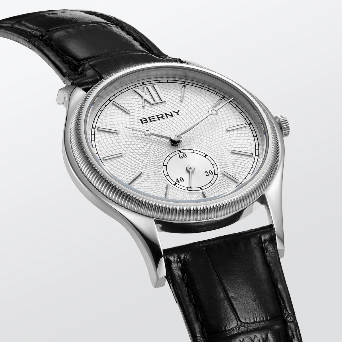 BERNY Men's Watches Luxury Classic Stylish Dress Quartz Watch Slim Stainless Steel Case Elegance Leather Strap Wristwatch