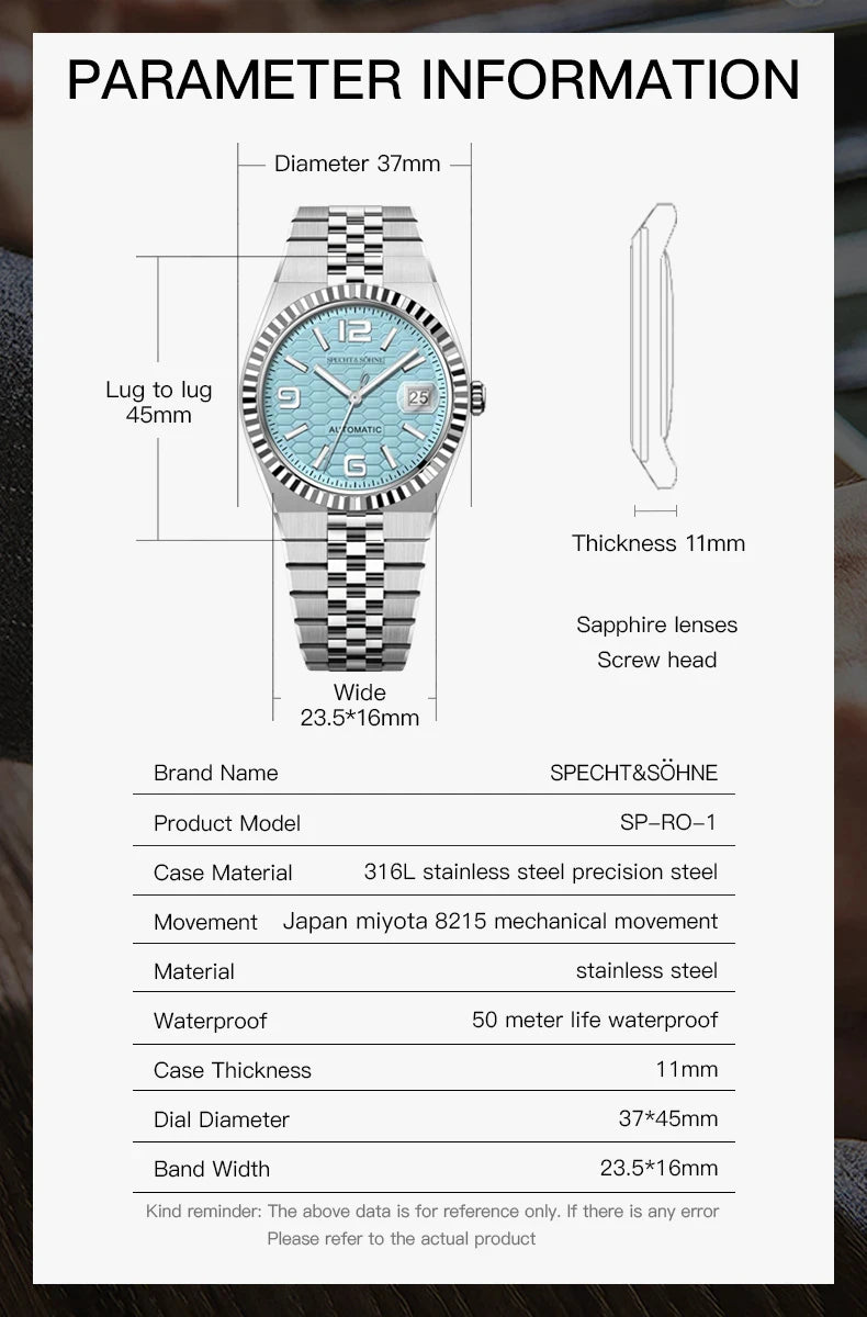 Specht & Söhne New Men's Watches Miyota 8215 Automatic Mechanical Wristwatches Stainless Steel Watch Men's Watch 37MM