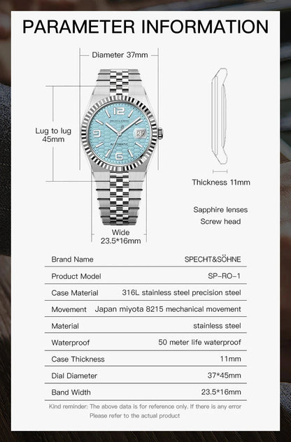 Specht & Söhne New Men's Watches Miyota 8215 Automatic Mechanical Wristwatches Stainless Steel Watch Men's Watch 37MM