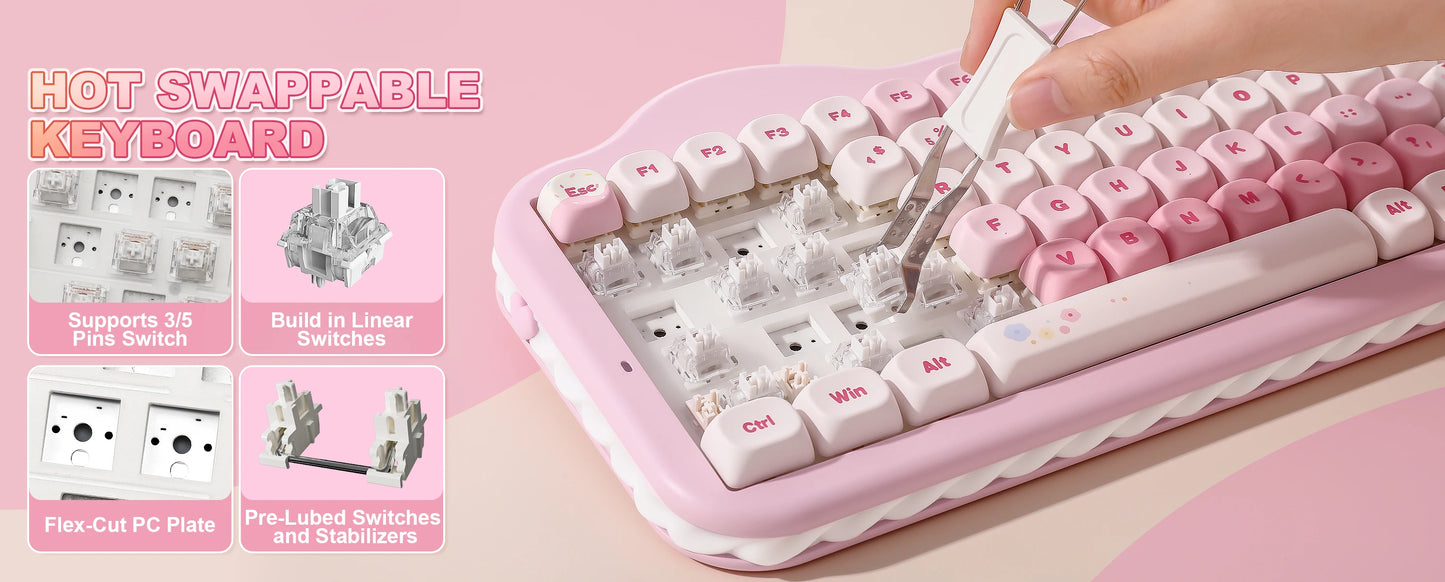 YUNZII C75 Wireless Mechanical Keyboard, 75% Creamy Hot Swap Custom RGB Keyboard, Gasket Cute Cake Design, for Win/Mac/Gaming