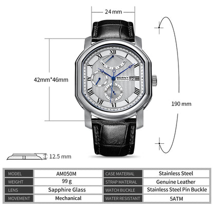 BERNY Men's Mechanical Watch, Top Accuracy, Automatic Wristwatch, Luxury Male Clock, Sapphire, Self-Winding, Waterproof