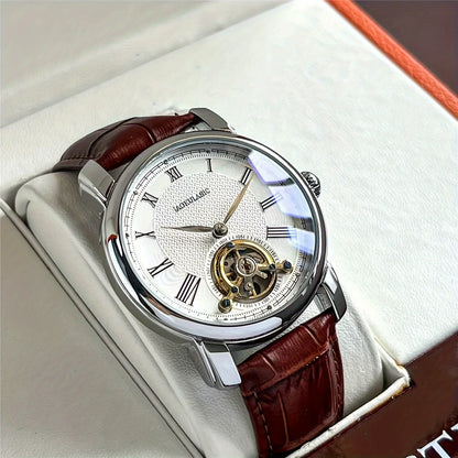 Relógio mecânico automático para homem – Design elegante com aberturas, estilo «business casual» na moda, caixa em liga e bracelete em pele, sem pilha