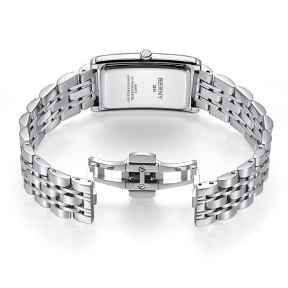 Montre carrée pour homme BERNY – Mouvement à quartz, cadran à chiffres romains, affichage luminescent, boîtier en acier inoxydable 316L – Montre rectangulaire élégante et décontractée