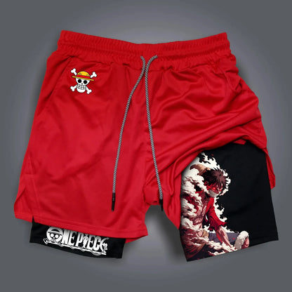 ONE PIECE Classic Anime Luffy Peripheral Printed Double-layer Shorts 2025 American Summer Men's Loose Sports Breathable Pants