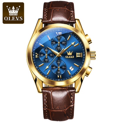 Relógio de pulso cronógrafo para homem OLEVS 2872 – Pulseira em pele, resistente à água, ponteiros luminescentes, movimento de quartzo, estilo desportivo de luxo