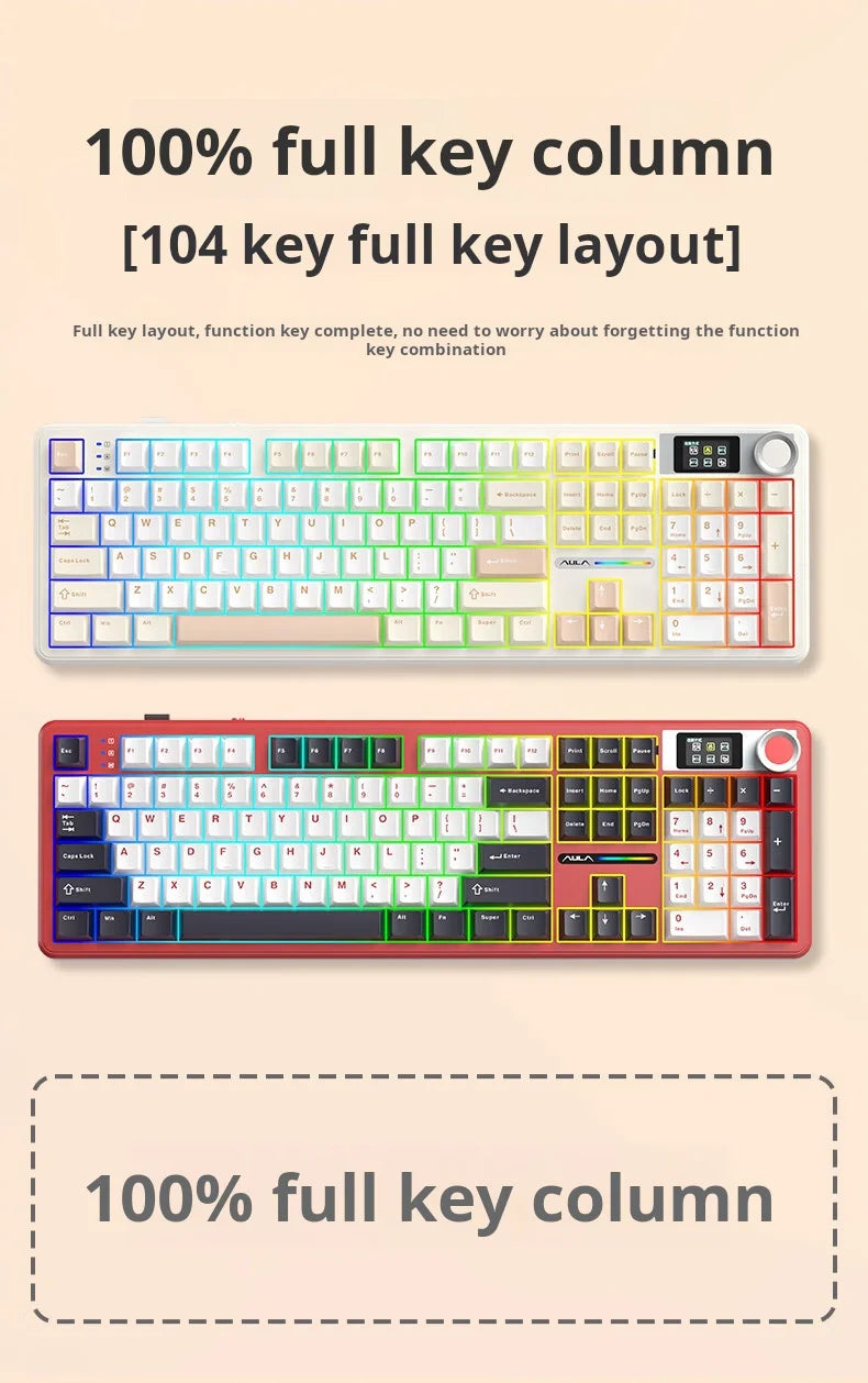 AULA F108 Pro Triple-mode Bluetooth 2.4G Wired Mechanical Keyboard Fully Customizable Hot-Swappable Keys Gasket Structure RGB