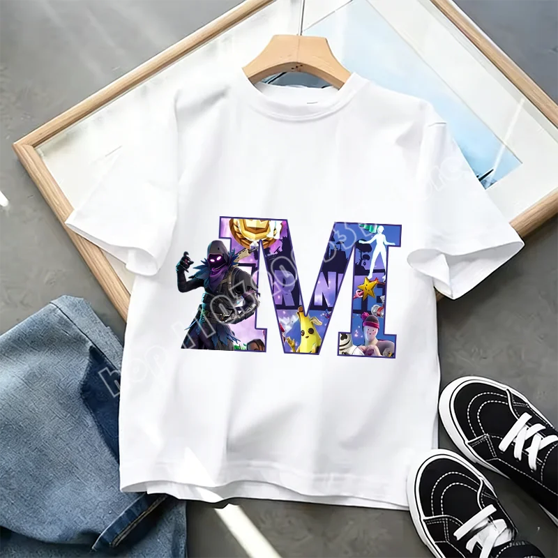 Μπλουζάκι Fortnite με στάμπα αλφαβήτου A-Z για παιδιά, καλοκαιρινό, λευκό, δημοφιλές cartoon game, casual κοντομάνικο τοπ μόδας, ιδανικό για δώρο