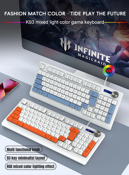 93 Keys Wired RGB Gaming Keyboard Two Tone PBT Ball Keycaps Mechanical Feeling Portable Keyboard for Laptop Office Gamer Typing
