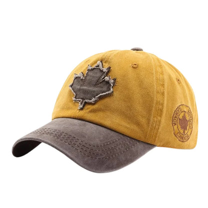 Casual Washed Denim Look Maple Leaf Patch Cap Adjustable Two Tone Outdoor Sport Baseball Hat for Daily Wear