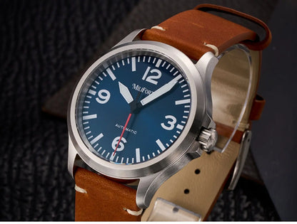 Milifortic Military Watch 39mm NH38 Automatic Mechanical Movement Retro Sapphire Crystal BGW9 Lume Leather Strap 10Bar Watch for Men