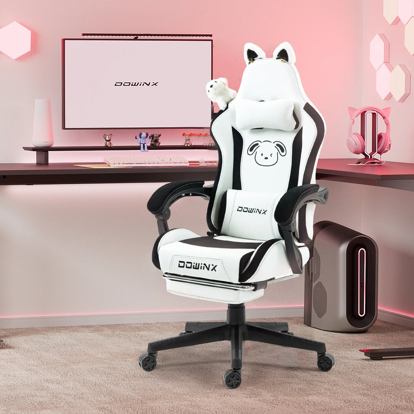 Cadeira Gaming Kawaii Cor-de-Rosa com Orelhas de Gato, Apoio para os Pés, Encosto Alto Ergonómico e Apoio Lombar com Pata de Gato