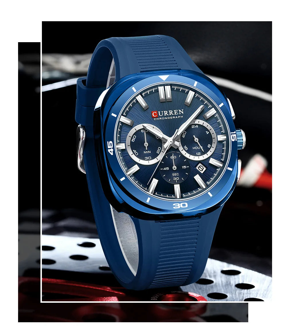 Montre pour homme CURREN – Nouveau modèle de luxe à quartz, bracelet en silicone, style sportif, multifonction, étanche, lumineuse, avec affichage de la date et chronomètre.