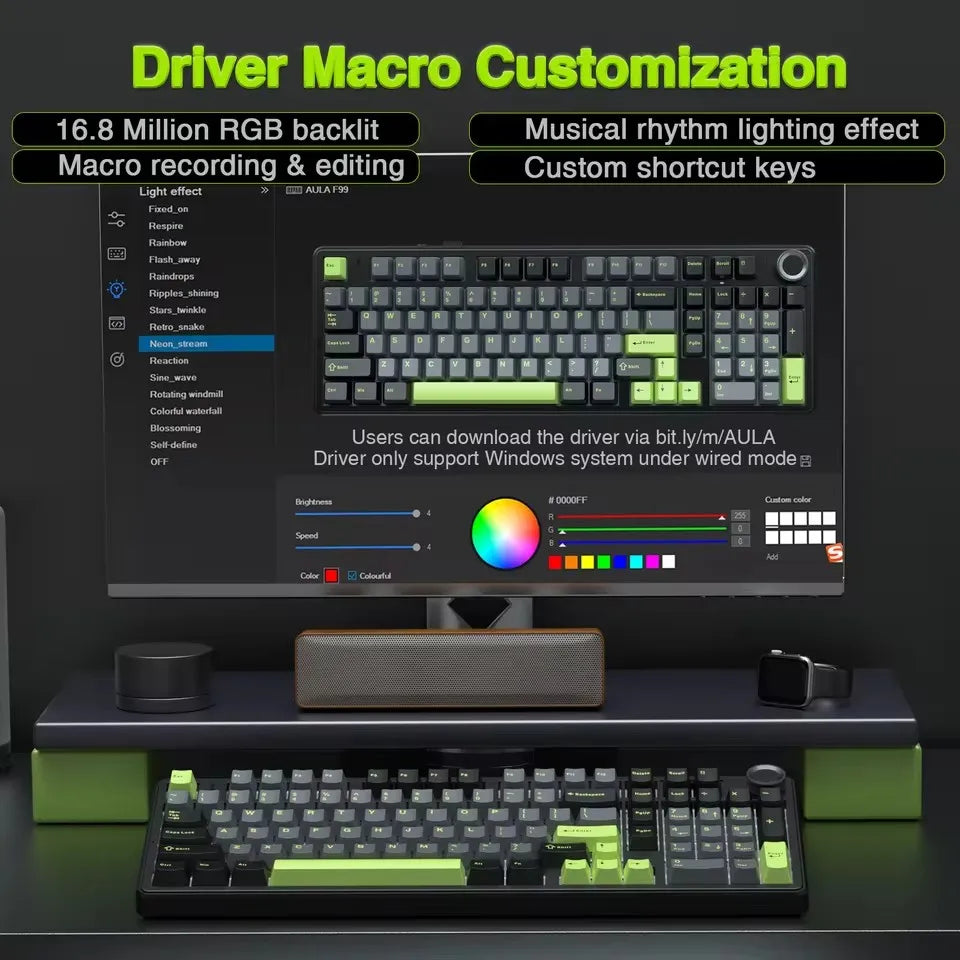 Tastiera meccanica gaming AULA F99PRO 99 tasti, tri-mode wireless, hot-swappable, struttura gasket, tastiera personalizzabile con manopola multimediale