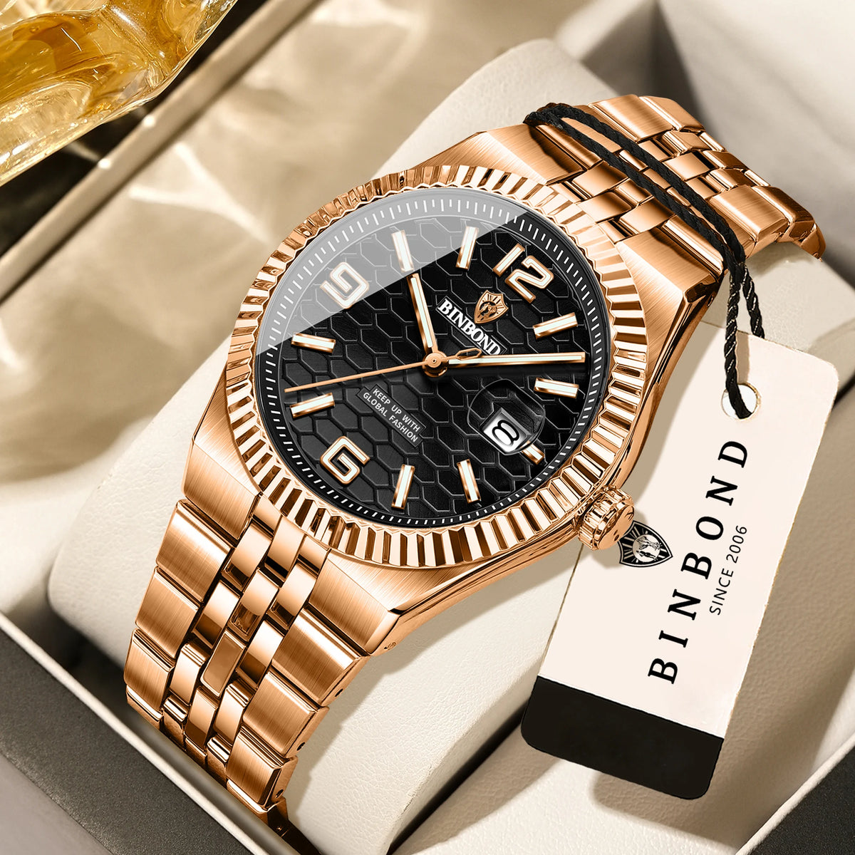 BINBOND luxury quartz wristwatch, luminous, water-resistant, automatic date, for men, stainless steel, business, sport, fashion and casual styles.