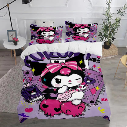 Ensemble de literie Kuromi : housse de couette et taie d'oreiller mignonnes, pour chambre d'enfant (garçon ou fille), décoration de chambre, cadeau pour enfants, taille simple, double ou grande
