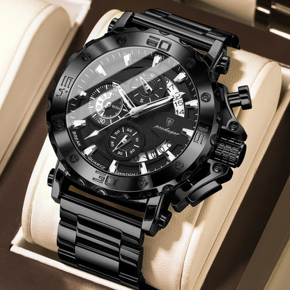 Luxusné pánske hodinky POEDAGAR, svietiace, vodotesné, chronograf, dátum, nerezová oceľ, quartz, Reloj