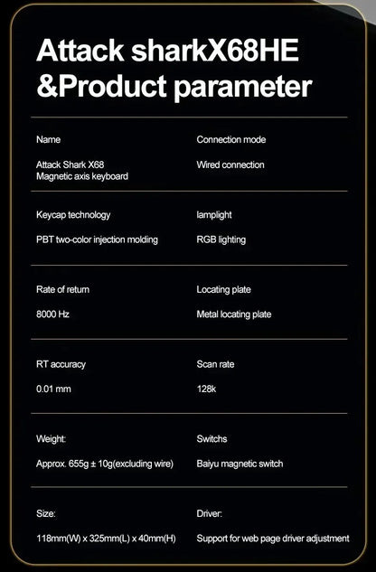 Attack Shark X68 HE Gaming Keyboard - Magnetic Mechanical, 0.01ms Rapid Trigger, 8000Hz Polling, Wired, 128K Ultra-Long Life