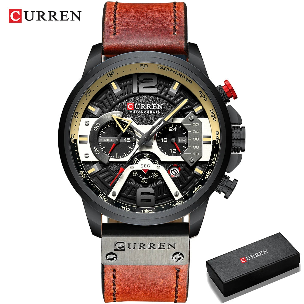 Ceas pentru bărbați CURREN 8329 – Stil sportiv casual, design militar, curea din piele, cronograf la modă, ceas de lux de la o marcă renumită