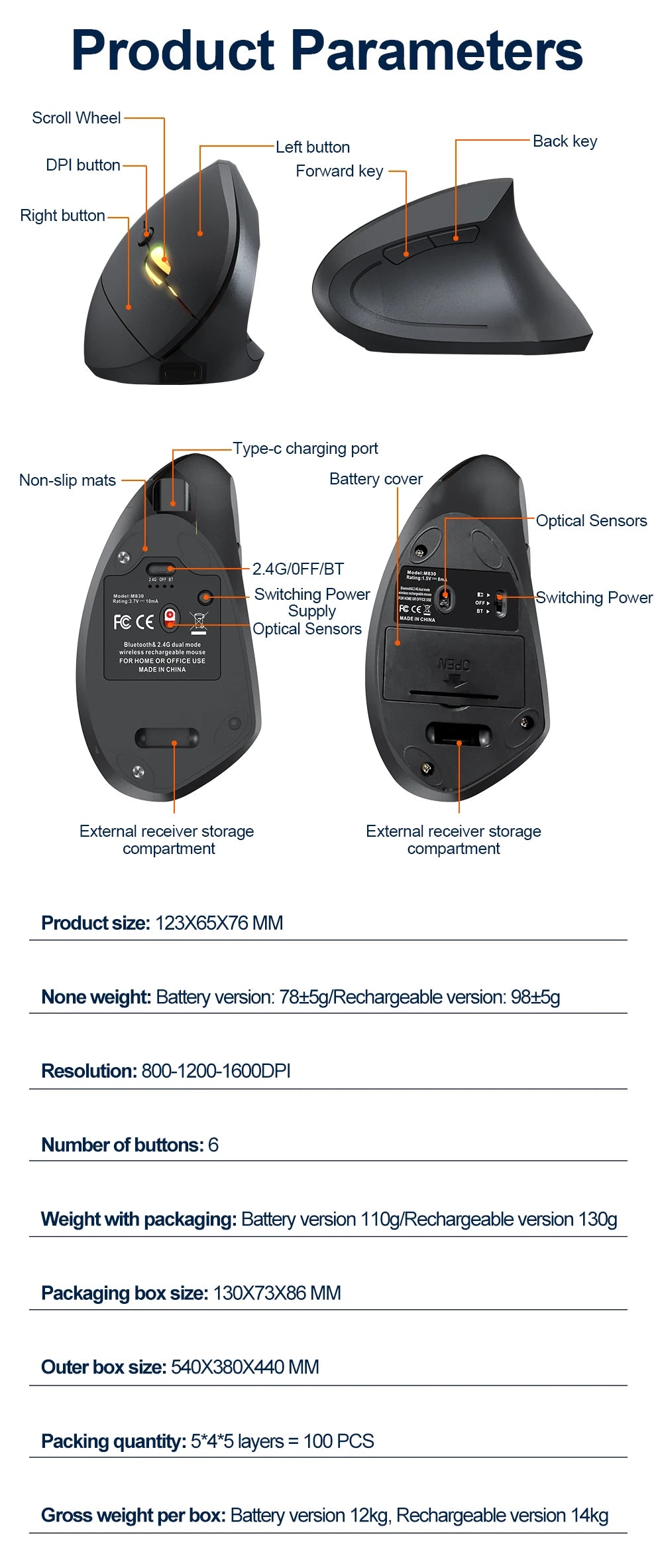 NexusClick Bluetooth-langaton pystysuora hiiri, ladattava ergonominen hiiri, jossa on 2,4 GHz ja Bluetooth, 1600 DPI:n säädettävä hiljainen langaton hiiri kannettavalle tietokoneelle ja pöytätietokoneelle