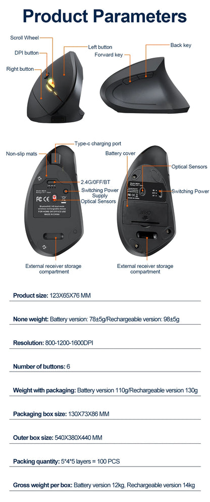 NexusClick Bluetooth-langaton pystysuora hiiri, ladattava ergonominen hiiri, jossa on 2,4 GHz ja Bluetooth, 1600 DPI:n säädettävä hiljainen langaton hiiri kannettavalle tietokoneelle ja pöytätietokoneelle