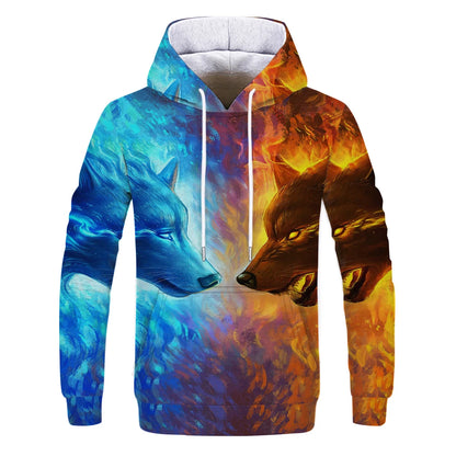 Neuer modischer Hoodie mit 3D-Tierprint für Herren und Damen, personalisiertes Design, Sweatshirt mit Schnee- und Doppelwolf-Motiv, Harajuku Oversized Hoodie