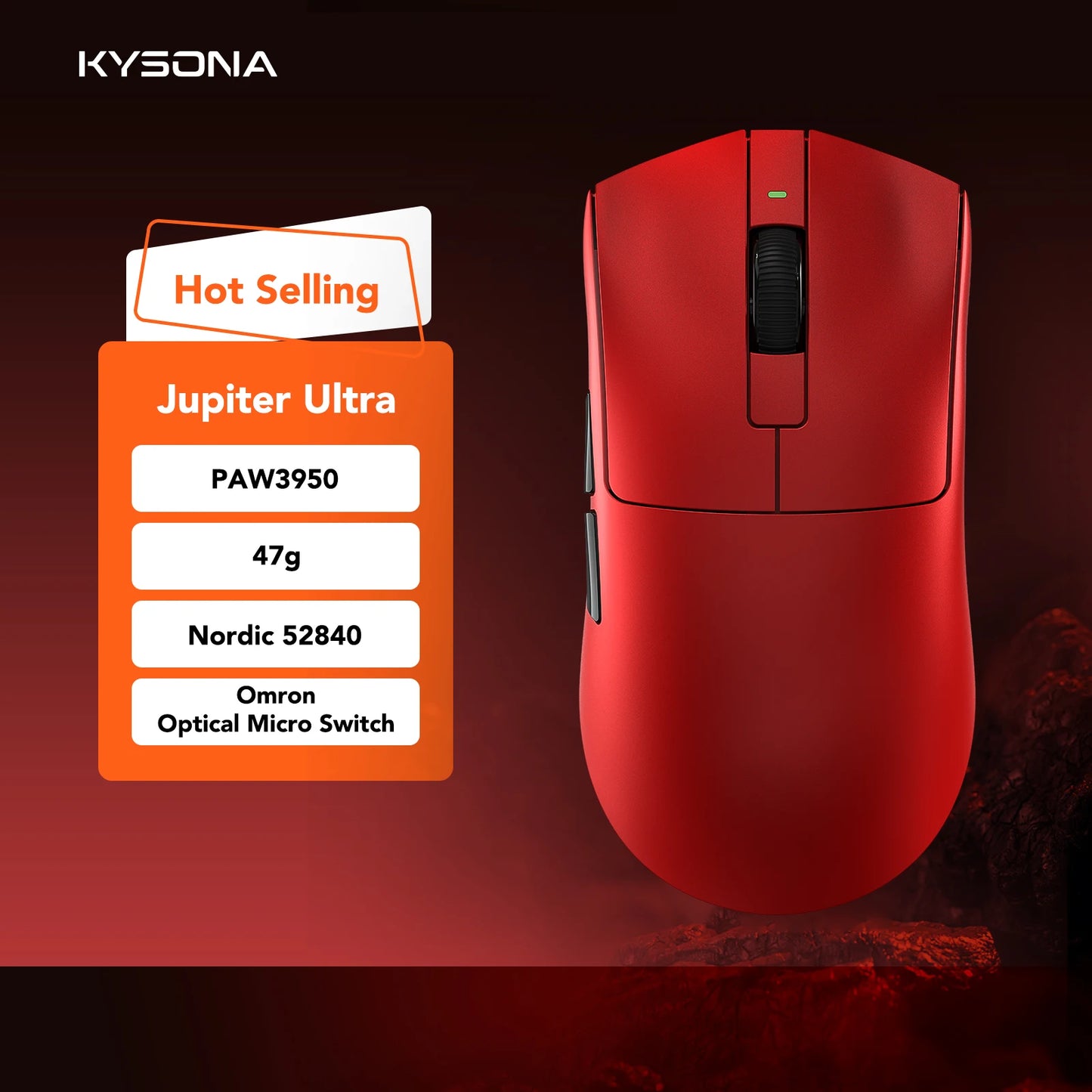 Mysz gamingowa KYSONA Jupiter Series – przewodowa i bezprzewodowa, 8Khz, sensor PAW3950, Bluetooth, 46g, akumulatorowa, sterownik webowy do PC i laptopa