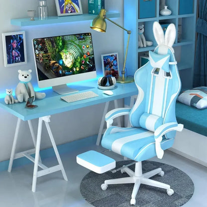 For Kawaii Light Blue Gaming Chair with Bunny Ears, Ergonomic Cute Gamer Chair with Footrest and Massage, Racing Reclining