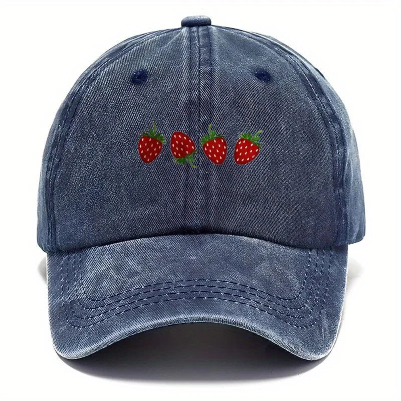 Casquette de baseball imprimée « fraises » avec visière réglable, casquette « duckbill » tendance pour hommes et femmes, design à visière souple