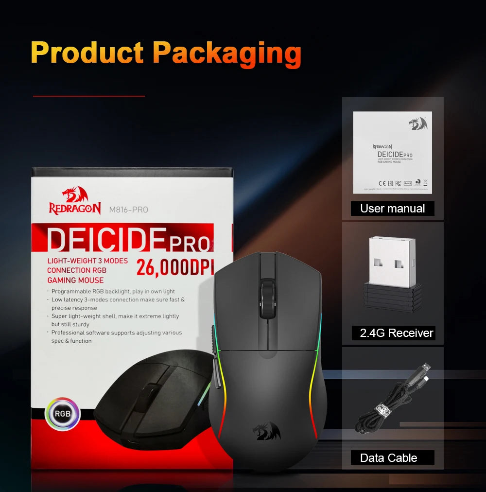 REDRAGON DEICIDE M816 PRO RGB USB mit Bluetooth-Unterstützung, 2.4G kabellose Gaming-Maus, 26000 DPI, 6 Tasten für Gamer, kabelgebundene Computermaus